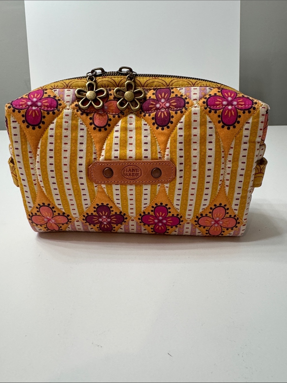 Handmade Yellow Floral Zip Cosmetic Case with Pink Accents